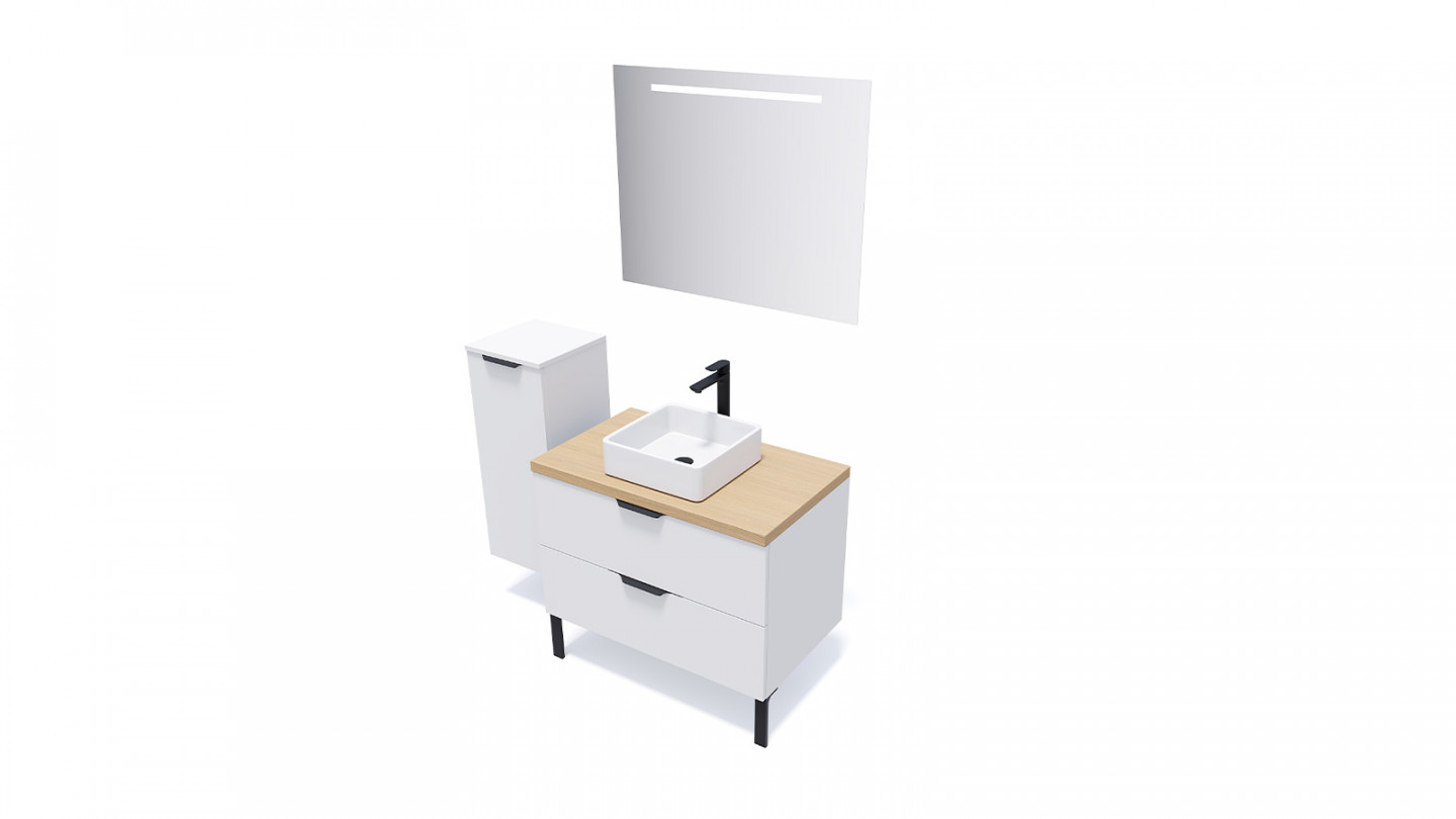 Meuble de salle de bains 90 cm Opale blanc - 2 tiroirs - vasque carrée + miroir + demi-colonne ouverture à gauche - Loft