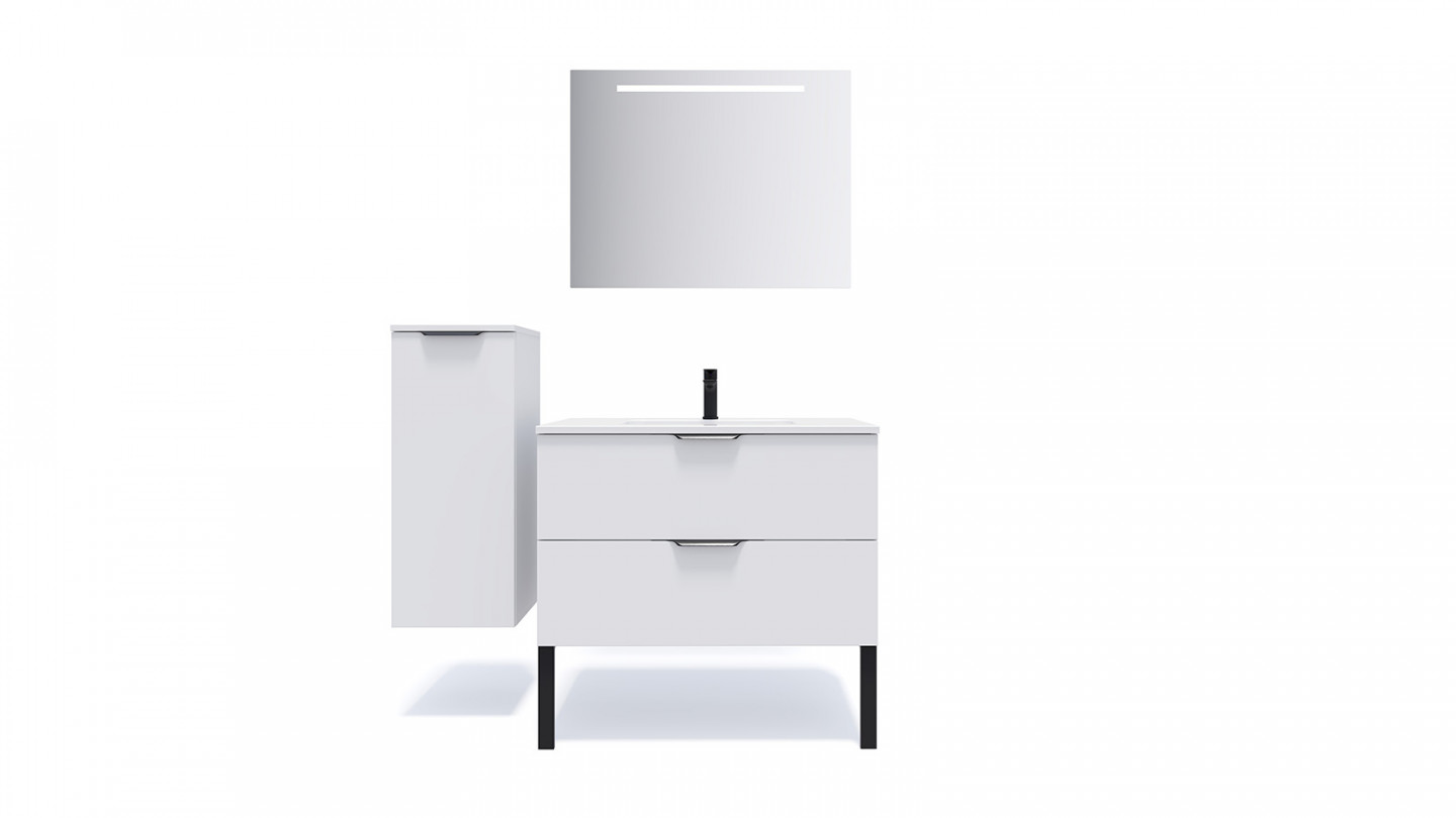 Meuble de salle de bains 90 cm Opale blanc - 2 tiroirs - simple vasque + miroir + demi-colonne ouverture à gauche - Loft