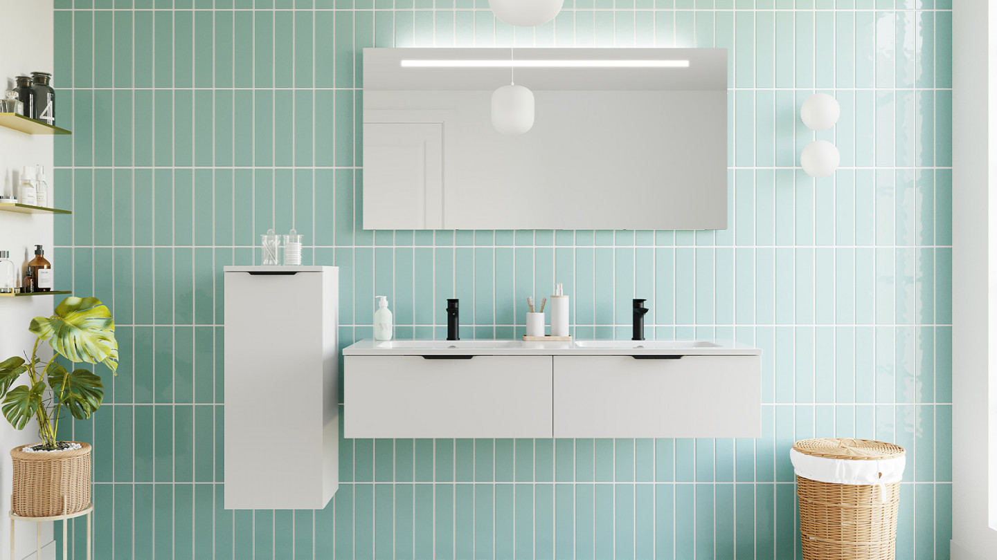Meuble de salle de bains 140 cm Opale blanc - 2 tiroirs - double vasque - Loft