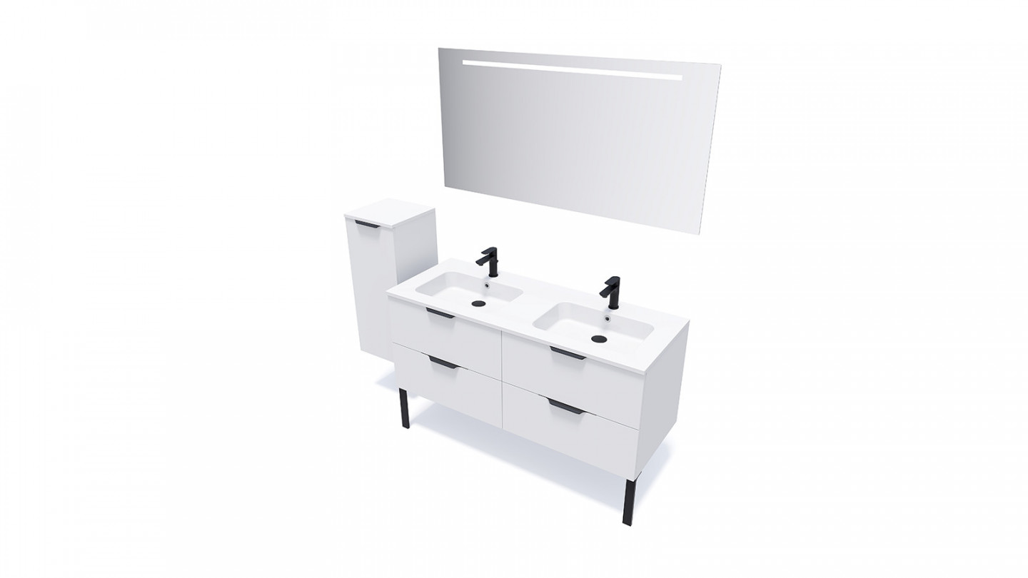 Meuble de salle de bain suspendu double vasque intégrée 140cm 4 tiroirs Blanc + miroir - Loft