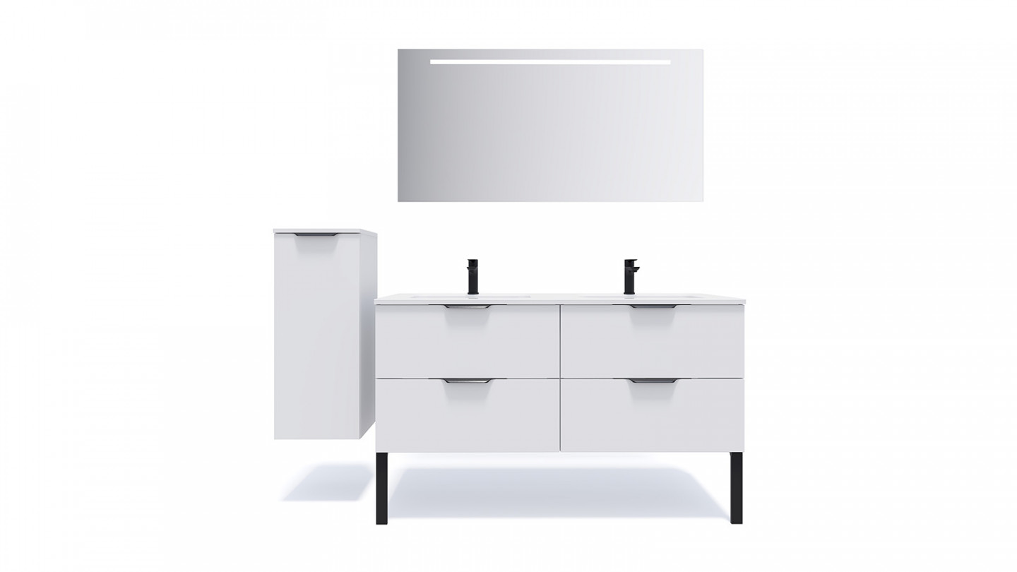 Meuble de salle de bain suspendu double vasque intégrée 140cm 4 tiroirs Blanc + miroir - Loft