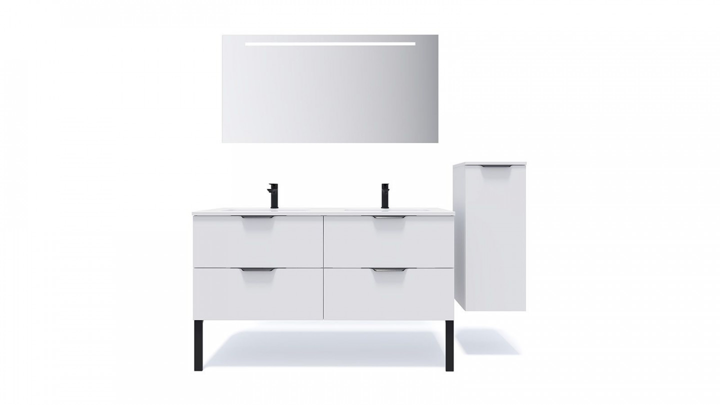 Meuble de salle de bain suspendu double vasque intégrée 140cm 4 tiroirs Blanc + miroir + colonne ouverture droite - Loft