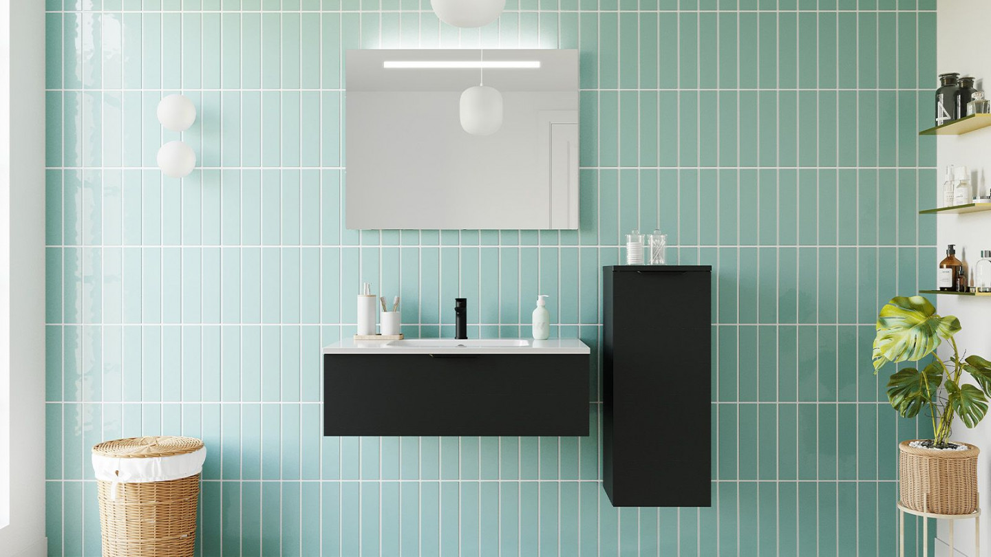 Meuble de salle de bain suspendu vasque intégrée 90cm 1 tiroir Noir + miroir + colonne ouverture droite - Loft