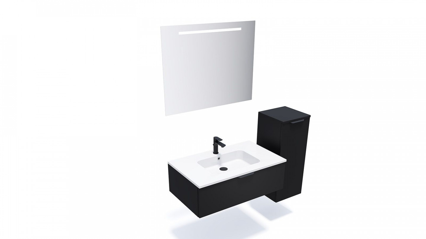 Meuble de salle de bain suspendu vasque intégrée 90cm 1 tiroir Noir + miroir + colonne ouverture droite - Loft