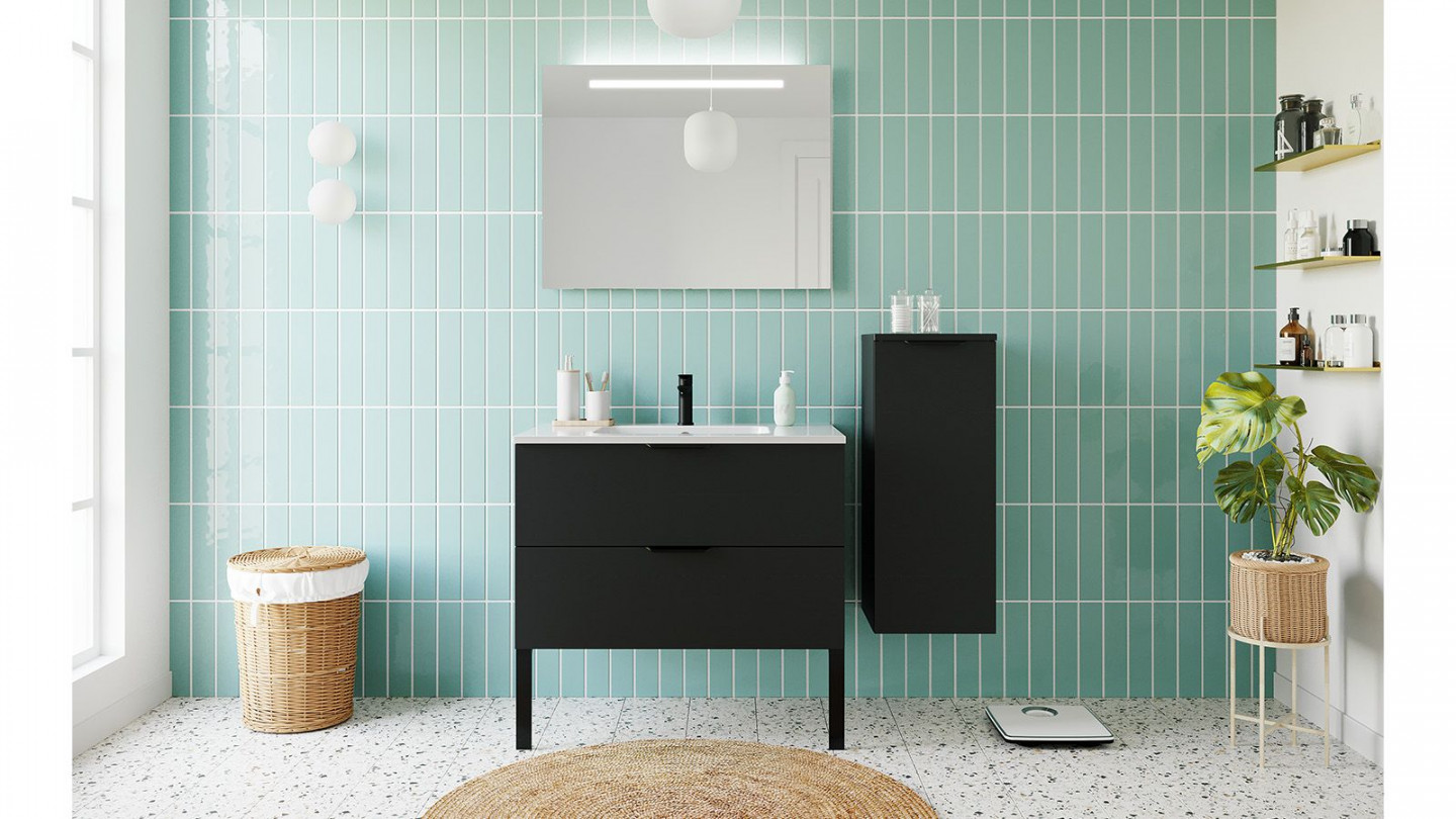 Meuble de salle de bain suspendu vasque intégrée 90cm 2 tiroirs Noir + miroir + colonne ouverture droite - Loft