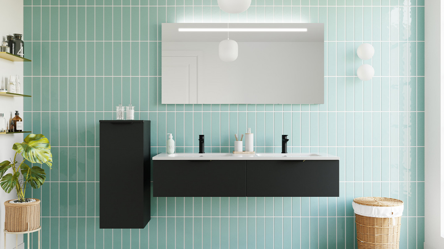 Meuble de salle de bain suspendu double vasque intégrée 140cm 2 tiroirs Noir + miroir + colonne ouverture gauche - Loft