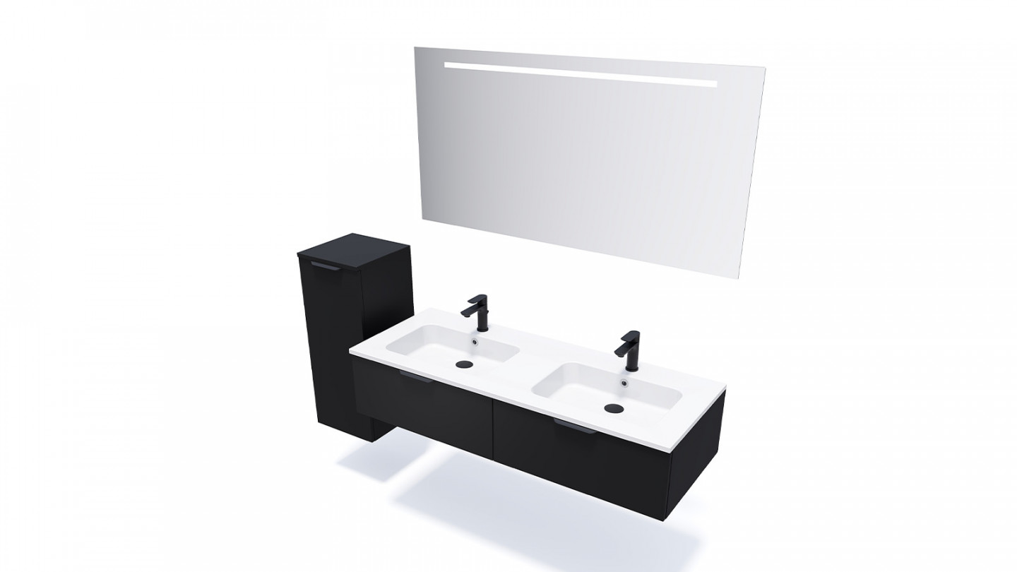 Meuble de salle de bain suspendu double vasque intégrée 140cm 2 tiroirs Noir + miroir + colonne ouverture gauche - Loft