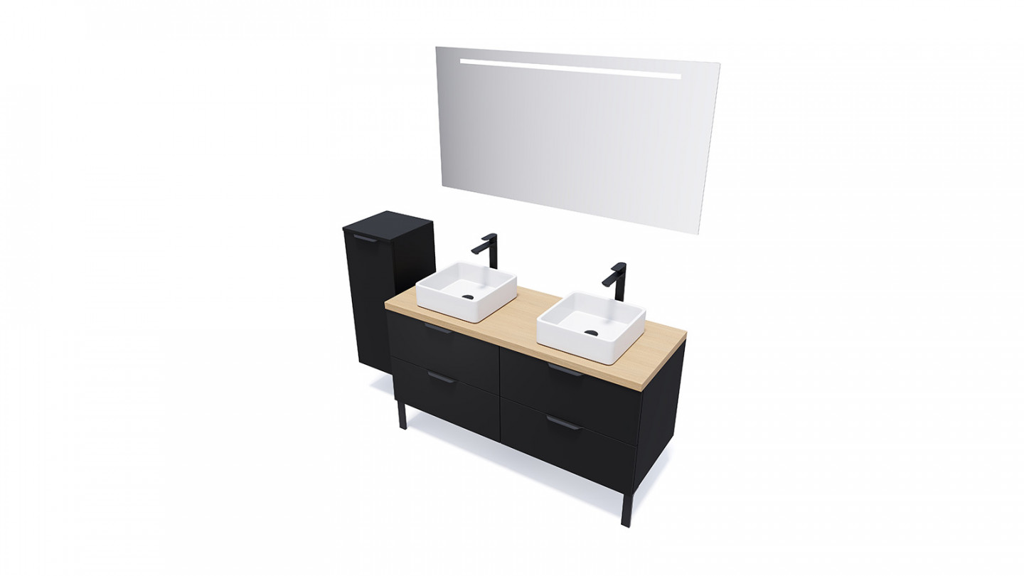 Meuble de salle de bain suspendu 2 vasques à poser 140cm 4 tiroirs Noir + miroir - Loft