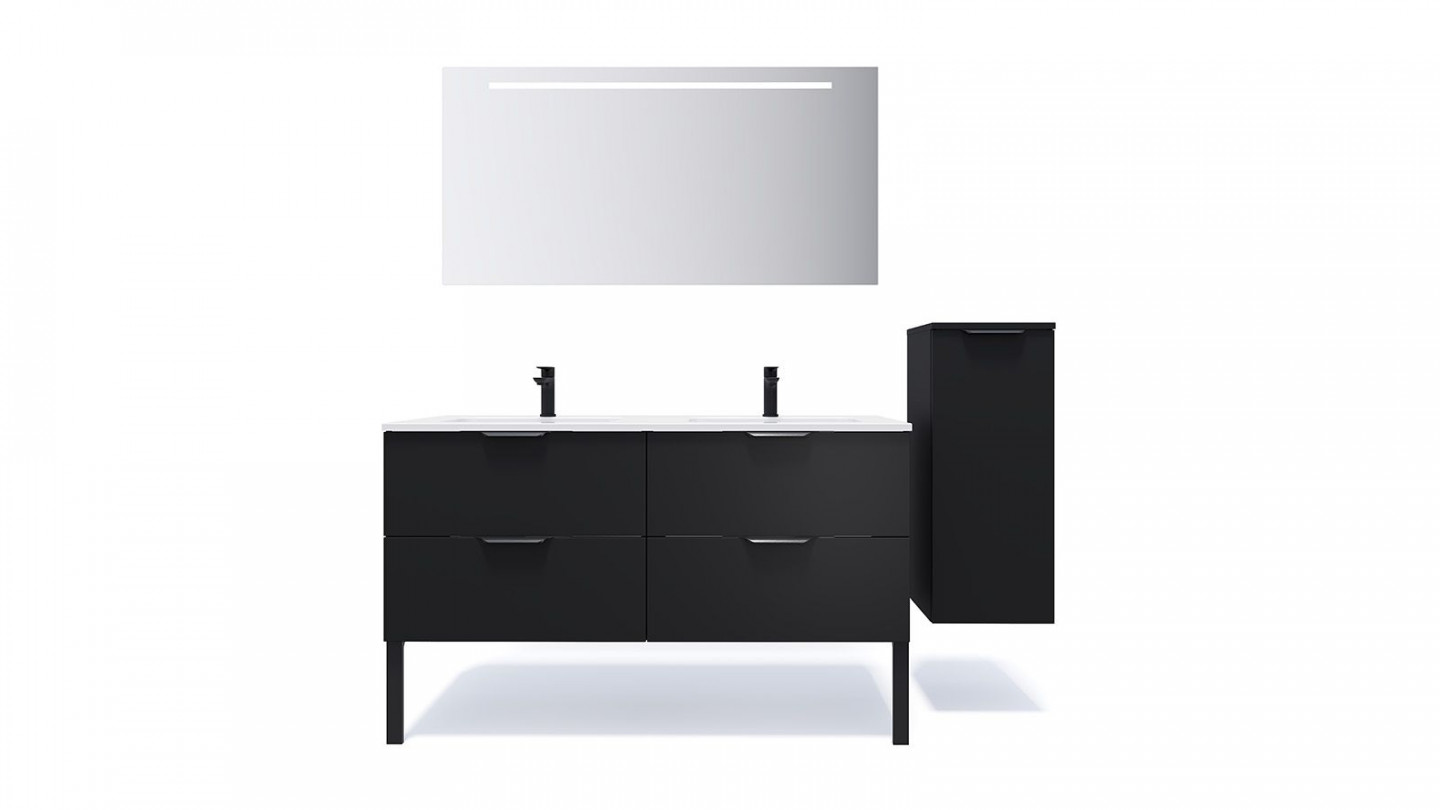 Meuble de salle de bain suspendu double vasque intégrée 140cm 4 tiroirs Noir + miroir + colonne ouverture droite - Loft