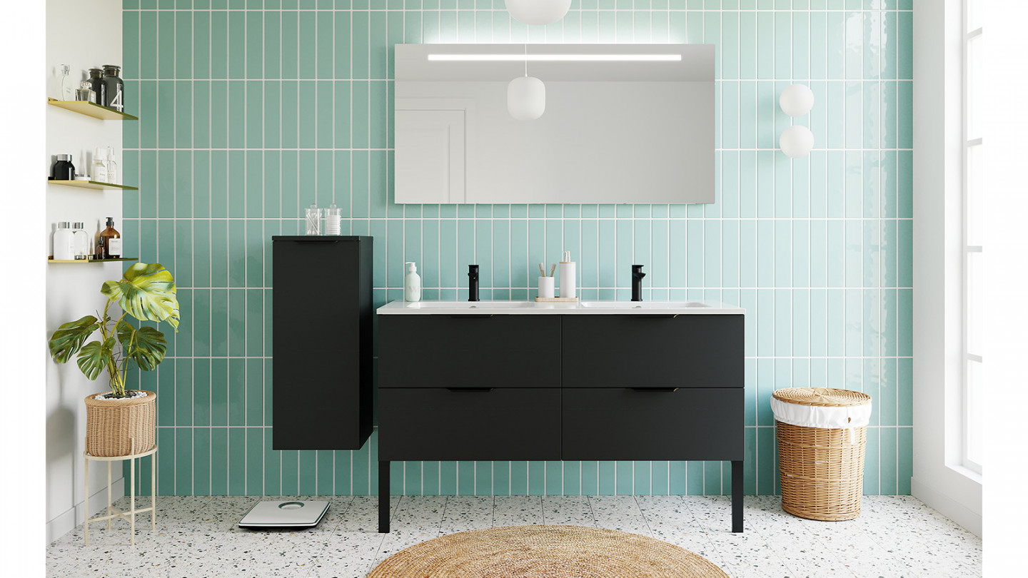 Meuble de salle de bain suspendu double vasque intégrée 140cm 4 tiroirs Noir + miroir + colonne ouverture gauche - Loft