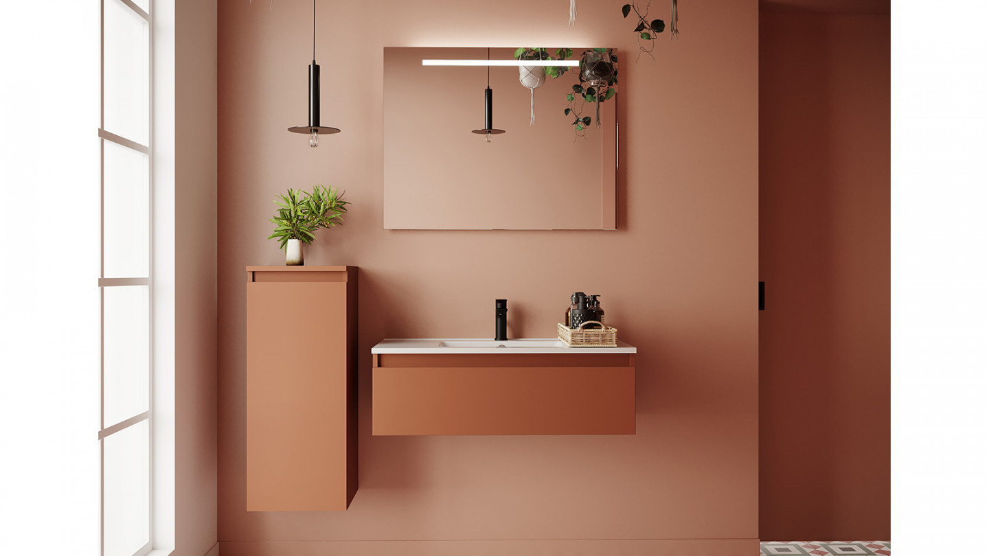 Meuble de salle de bain suspendu vasque intégrée 90cm 1 tiroir Terracotta - Rivage