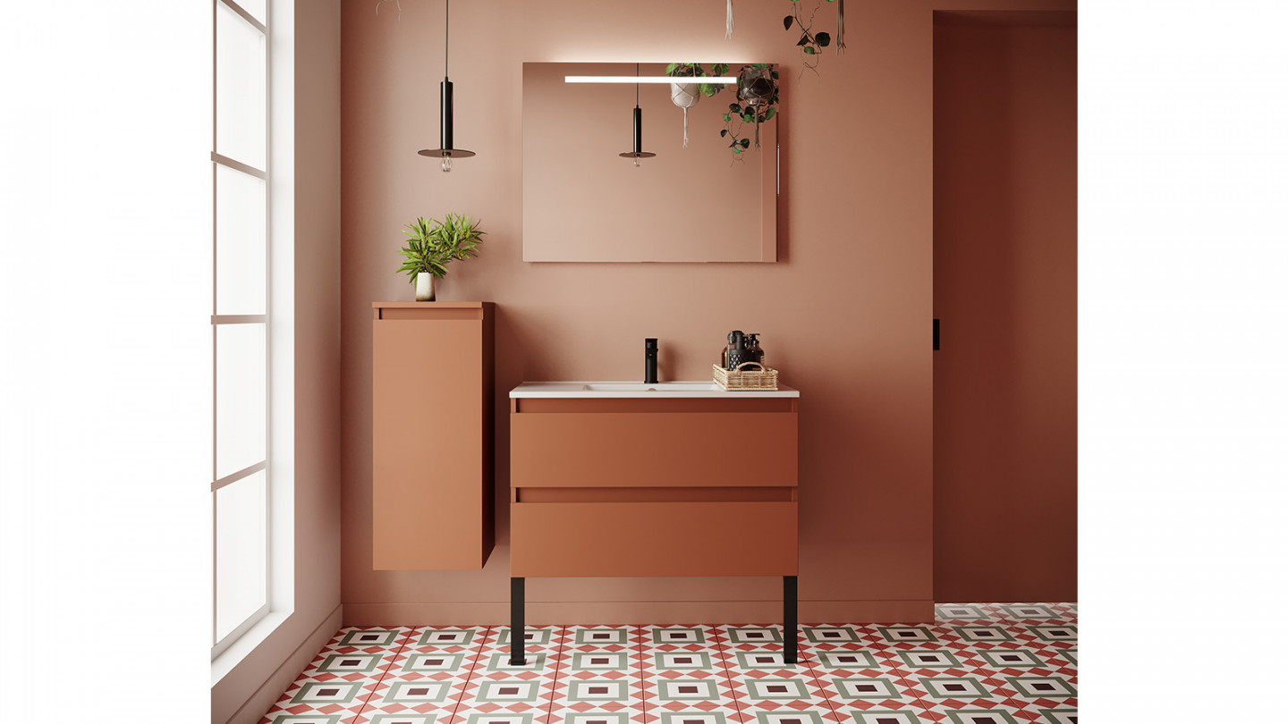 Meuble de salle de bain suspendu vasque intégrée 90cm 2 tiroirs Terracotta + miroir - Rivage