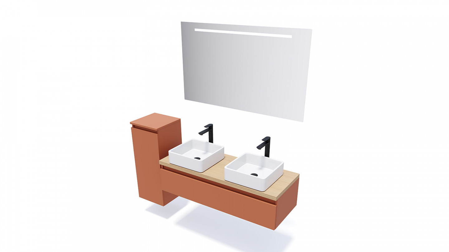 Meuble de salle de bain suspendu 2 vasques à poser 120cm 1 tiroir Terracotta + miroir - Rivage