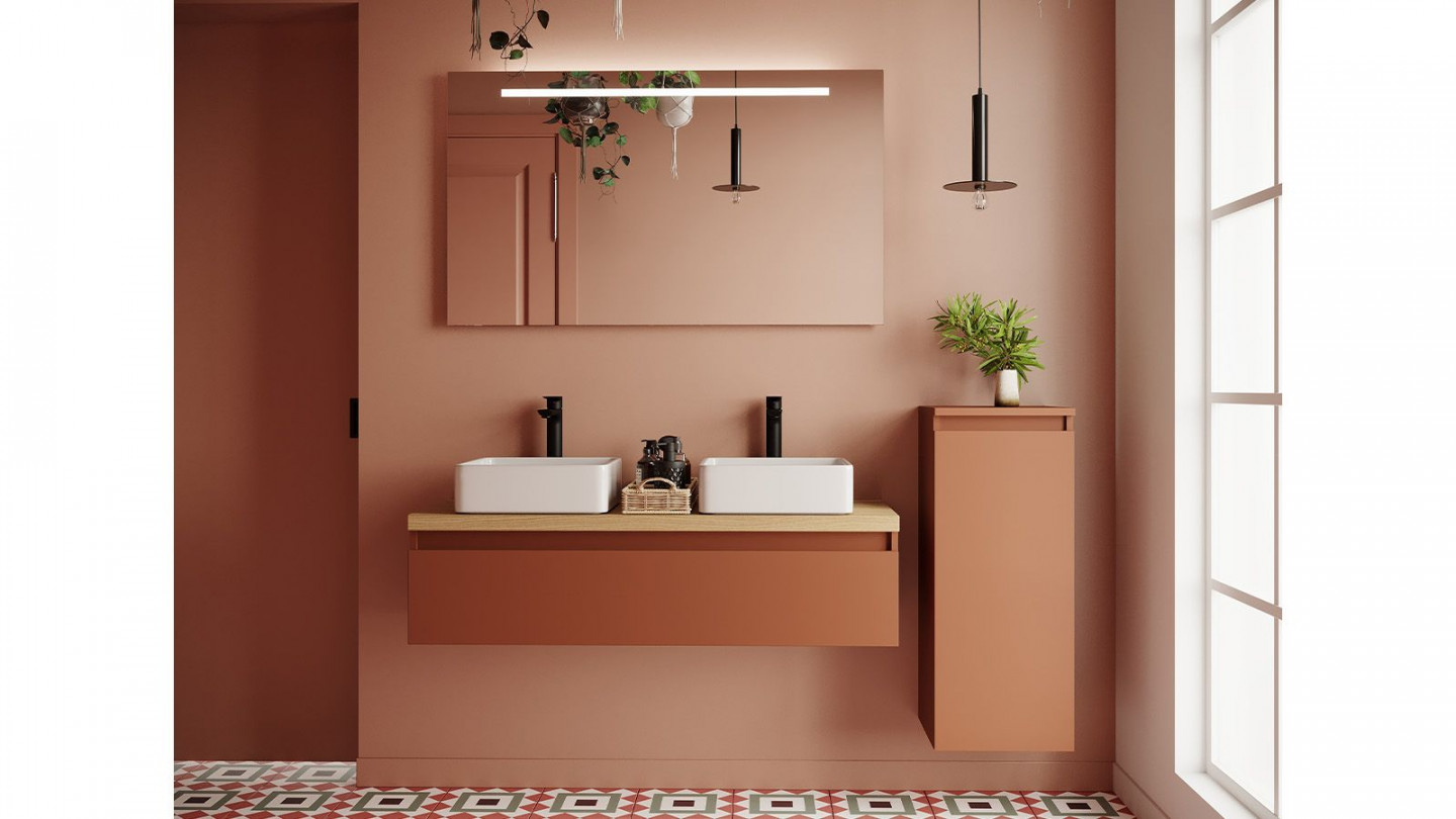 Meuble de salle de bain suspendu 2 vasques à poser 120cm 1 tiroir Terracotta + miroir + colonne ouverture droite - Rivage