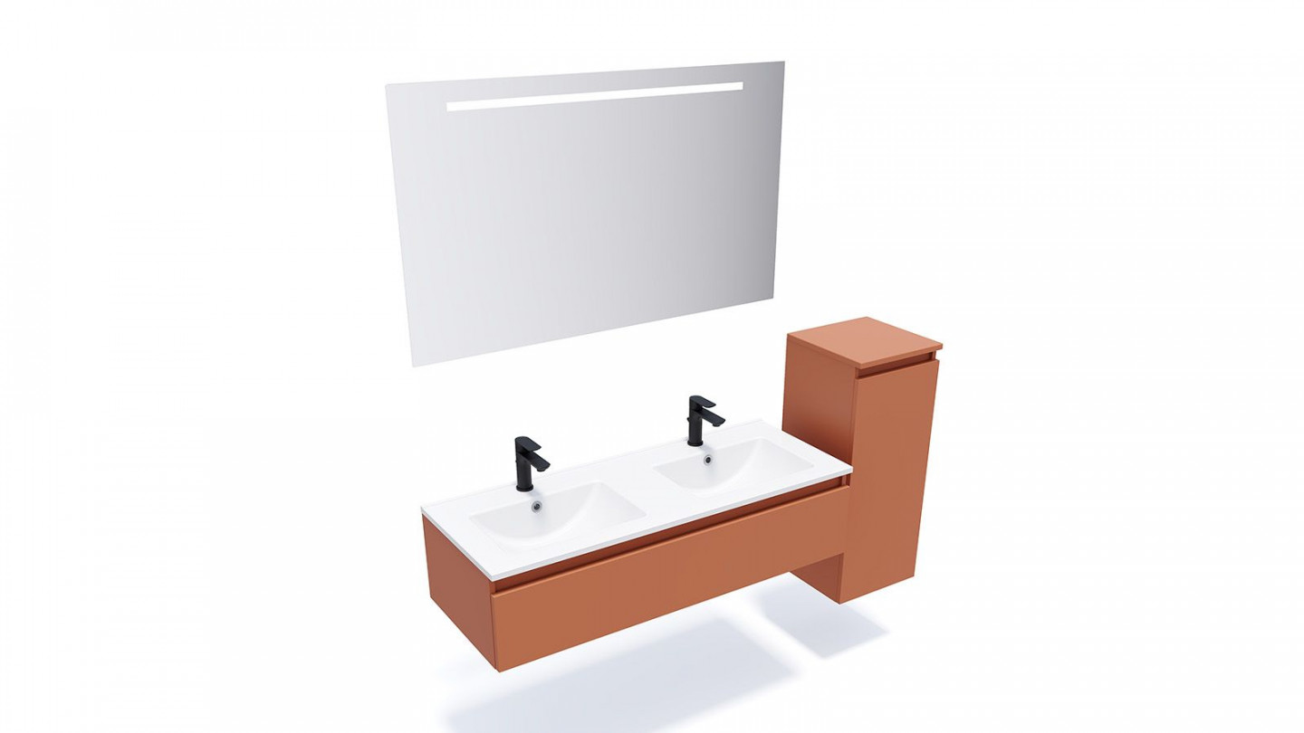 Meuble de salle de bain suspendu double vasque intégrée 120cm 1 tiroir Terracotta + miroir + colonne ouverture droite - Rivage