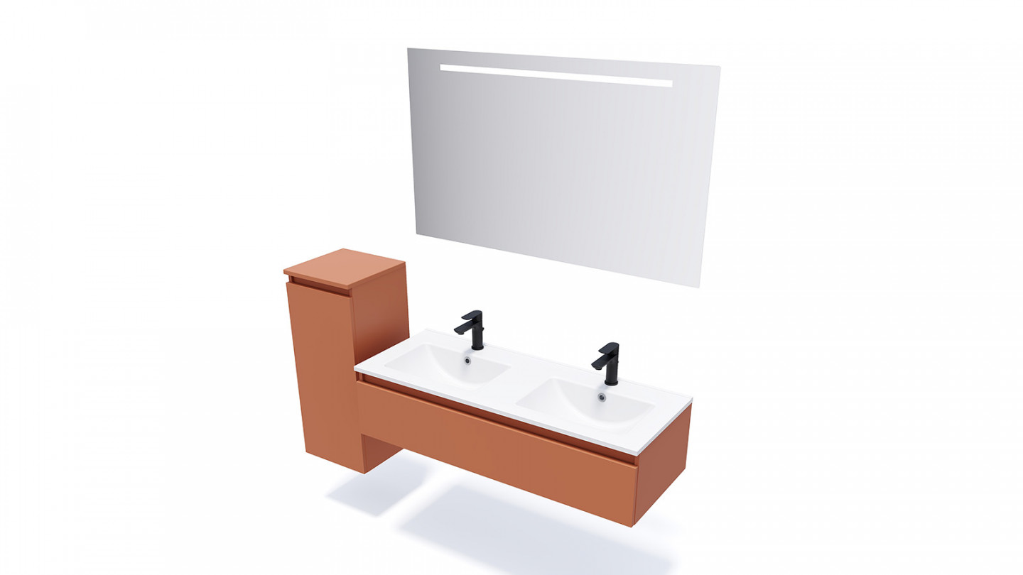 Meuble de salle de bain suspendu double vasque intégrée 120cm 1 tiroir Terracotta + miroir + colonne ouverture gauche - Rivage