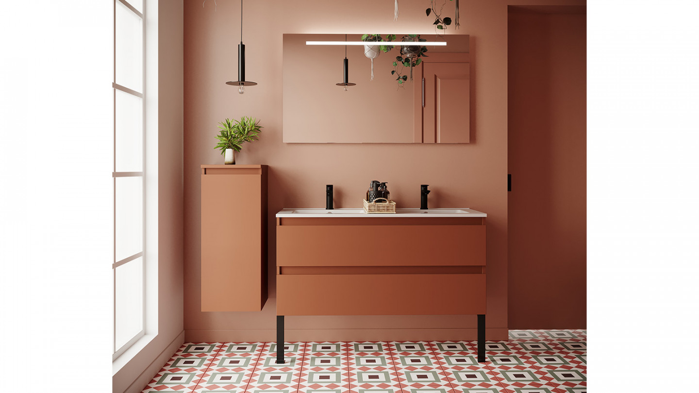 Meuble de salle de bain suspendu double vasque intégrée 120cm 2 tiroirs Terracotta - Rivage