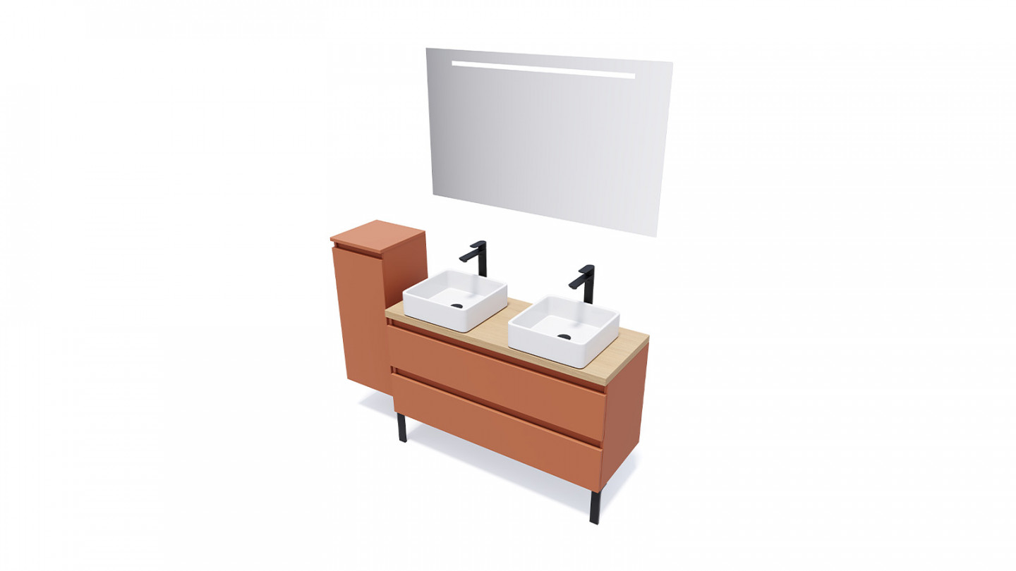 Meuble de salle de bain suspendu 2 vasques à poser 120cm 2 tiroirs Terracotta + miroir - Rivage