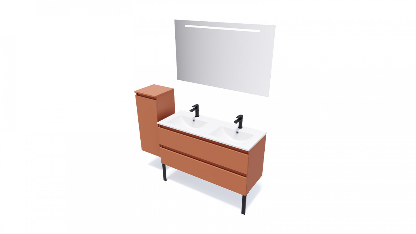 Meuble de salle de bain suspendu double vasque intégrée 120cm 2 tiroirs Terracotta + miroir + colonne ouverture gauche - Rivage