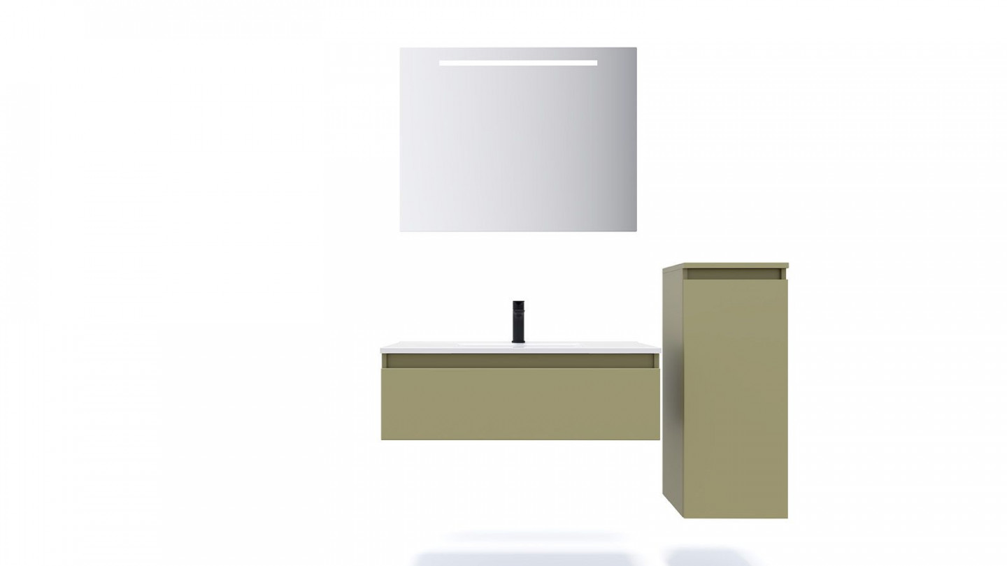 Meuble de salle de bain suspendu vasque intégrée 90cm 1 tiroir Vert olive + miroir + colonne ouverture droite - Rivage