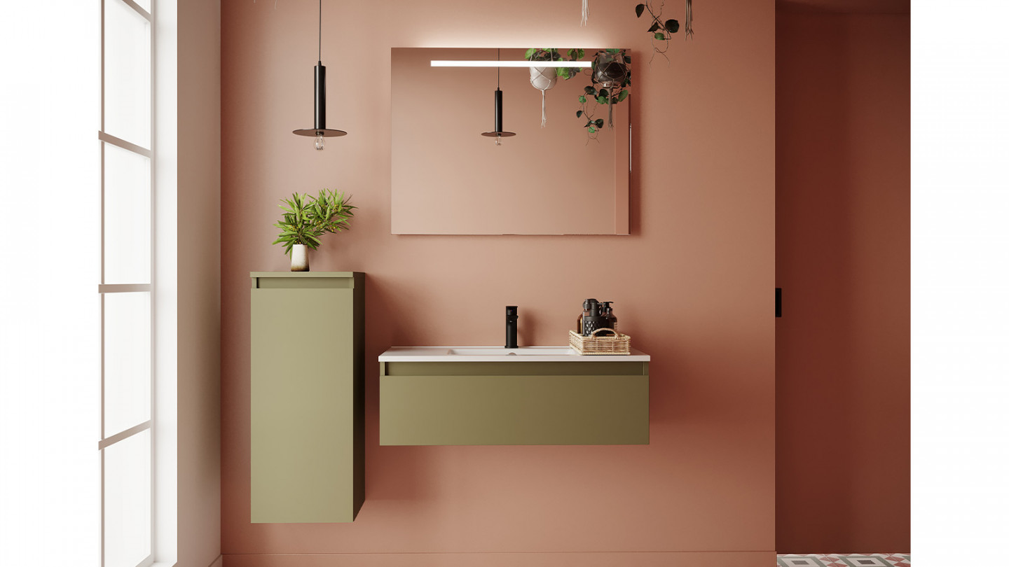 Meuble de salle de bain suspendu vasque intégrée 90cm 1 tiroir Vert olive + miroir + colonne ouverture gauche - Rivage