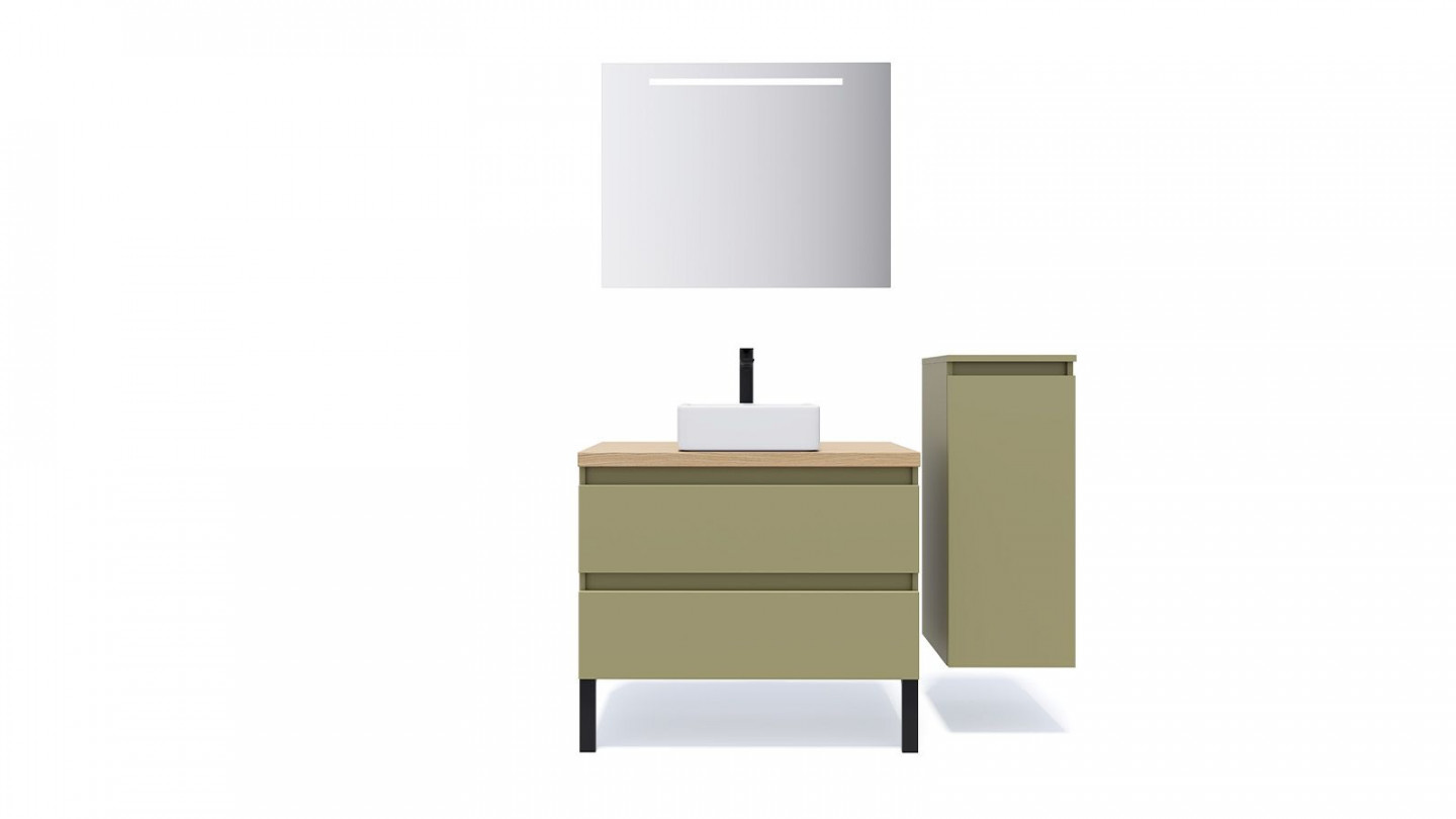 Meuble de salle de bain suspendu vasque à poser 90cm 2 tiroirs Vert olive + miroir + colonne ouverture droite - Rivage