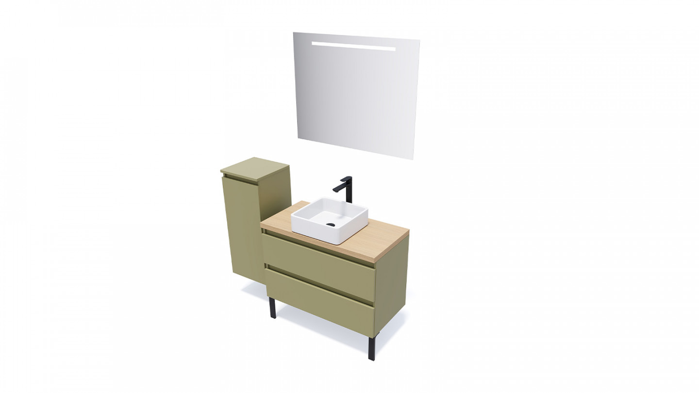 Meuble de salle de bain suspendu vasque à poser 90cm 2 tiroirs Vert olive + miroir + colonne ouverture gauche - Rivage