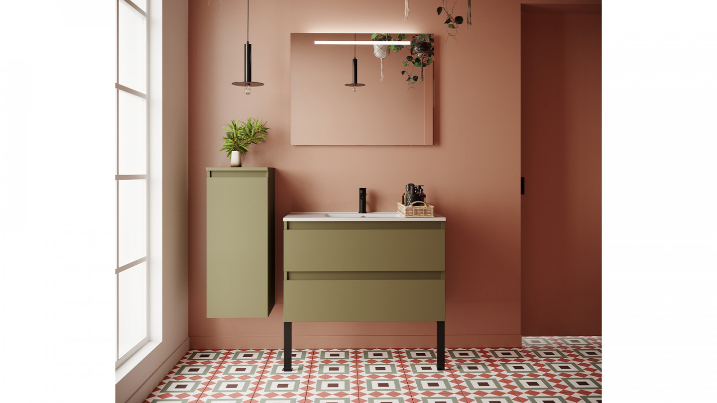 Meuble de salle de bain suspendu vasque intégrée 90cm 2 tiroirs Vert olive + miroir + colonne ouverture gauche - Rivage
