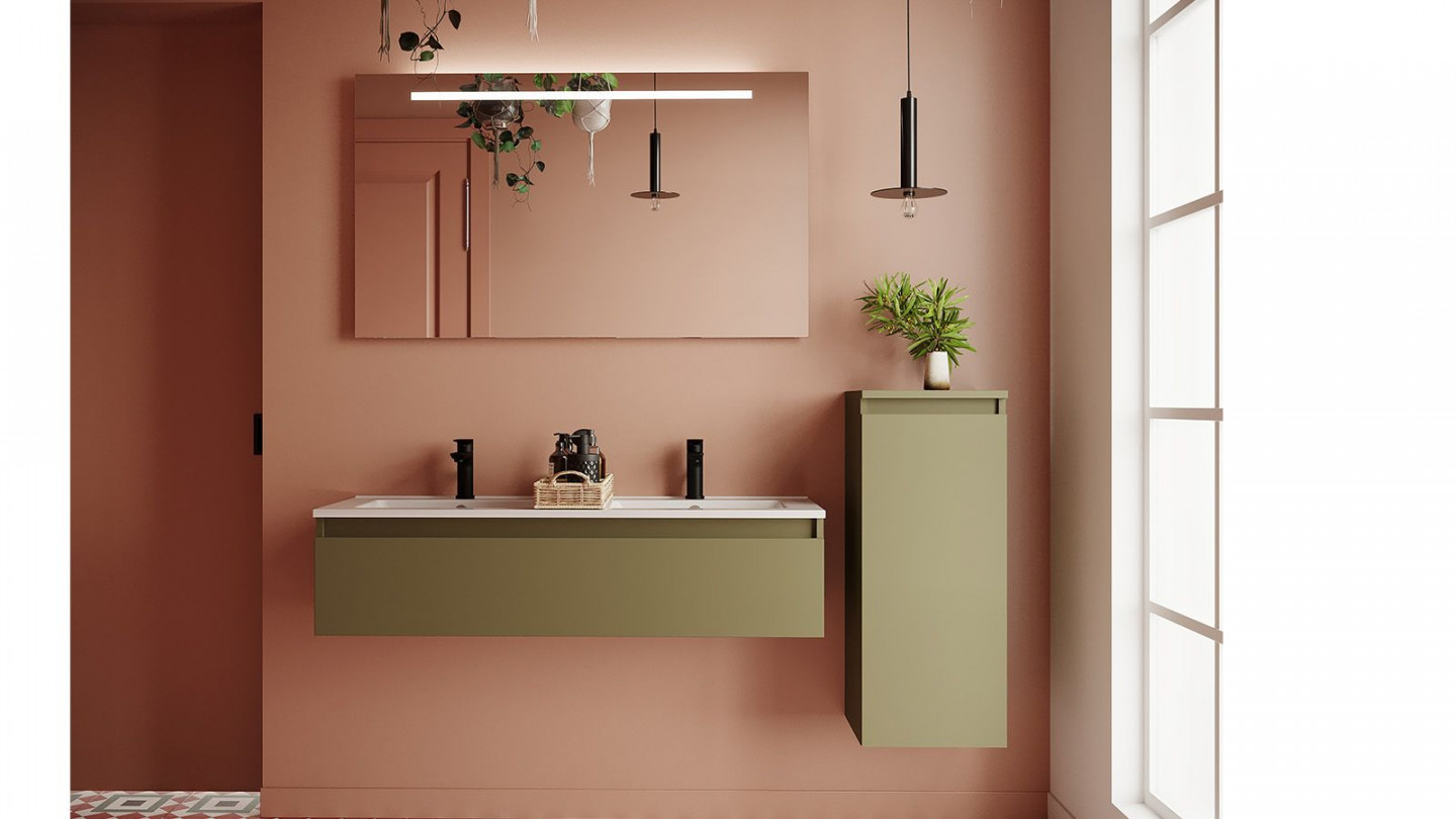 Meuble de salle de bain suspendu double vasque intégrée 120cm 1 tiroir Vert olive + miroir + colonne ouverture droite - Rivage