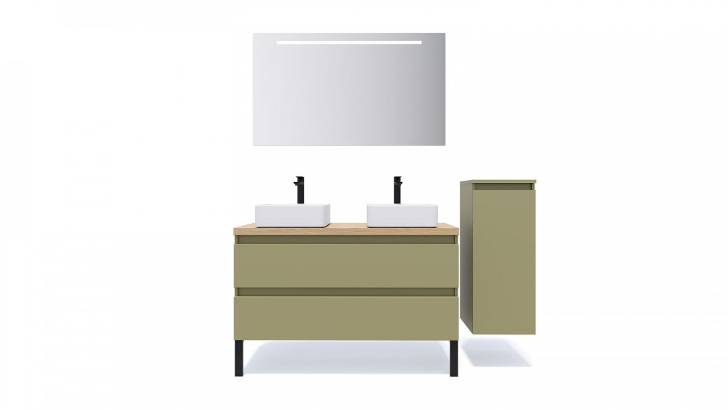 Meuble de salle de bain suspendu 2 vasques à poser 120cm 2 tiroirs Vert olive + miroir + colonne ouverture droite - Rivage