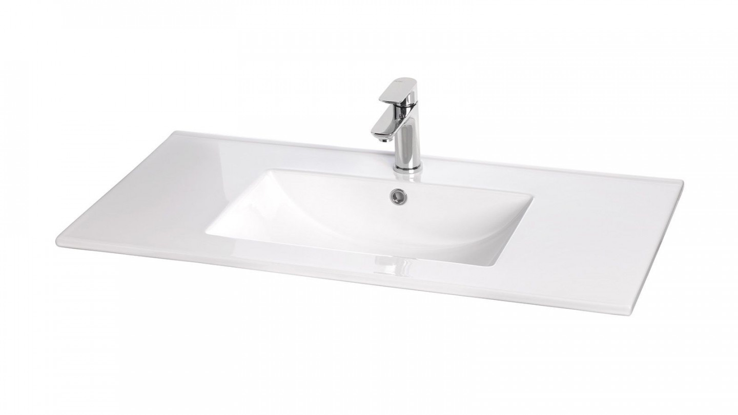 Meuble de salle de bain suspendu vasque intégrée 90cm 1 tiroir Bleu + miroir + colonne ouverture droite - Rivage