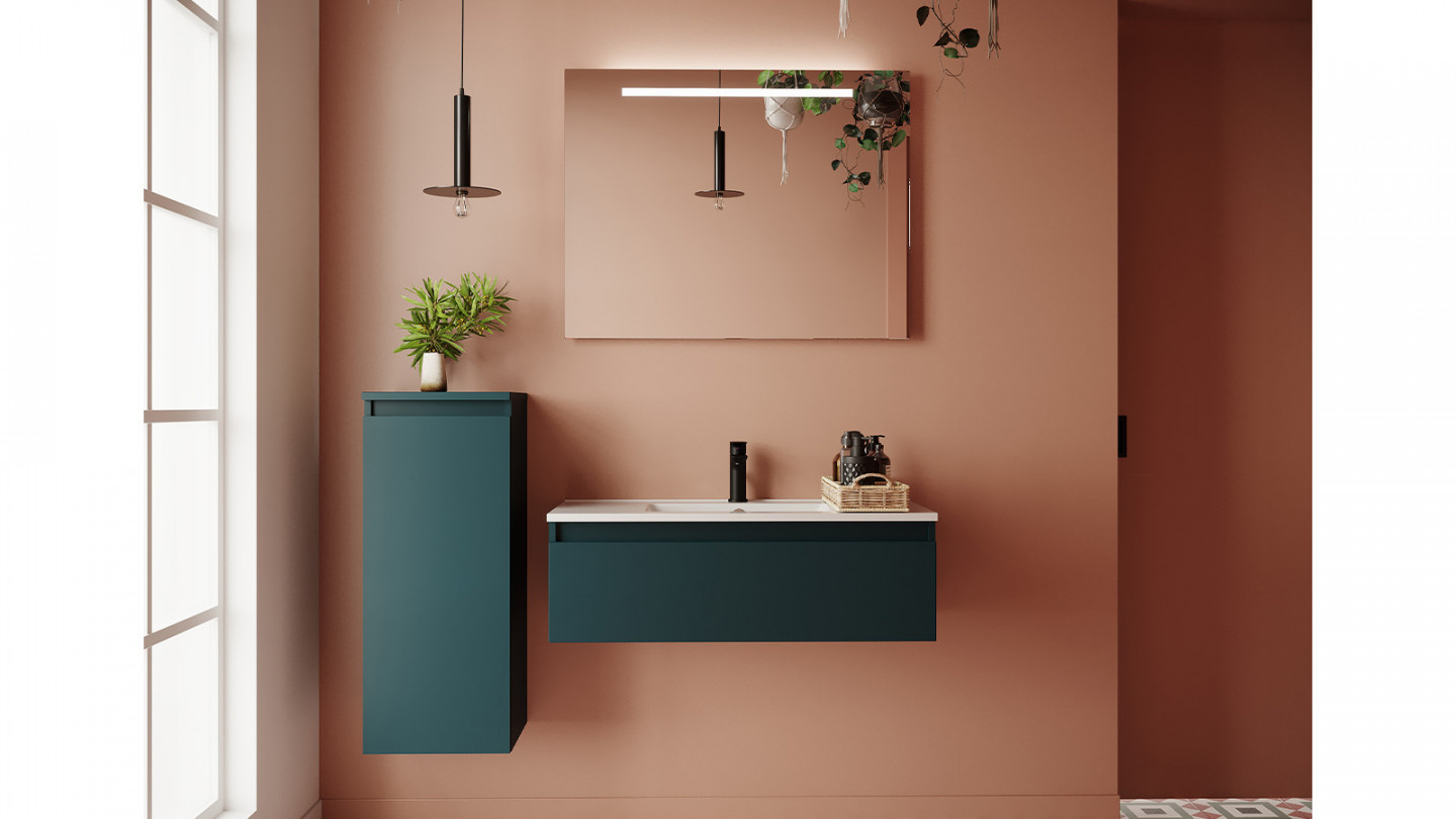 Meuble de salle de bain suspendu vasque intégrée 90cm 1 tiroir Bleu + miroir + colonne ouverture gauche - Rivage