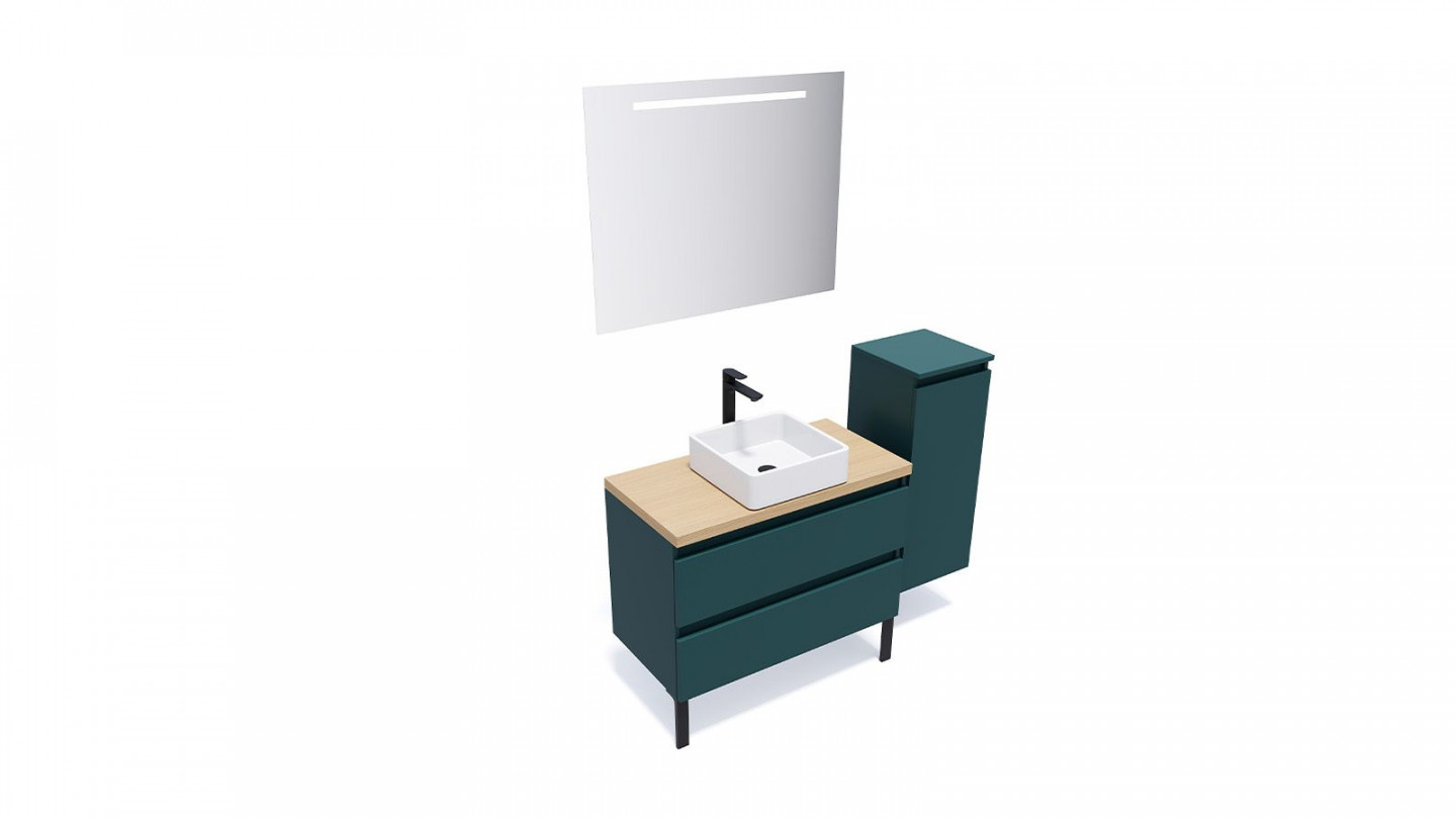 Meuble de salle de bain suspendu vasque à poser 90cm 2 tiroirs Bleu + miroir + colonne ouverture droite - Rivage