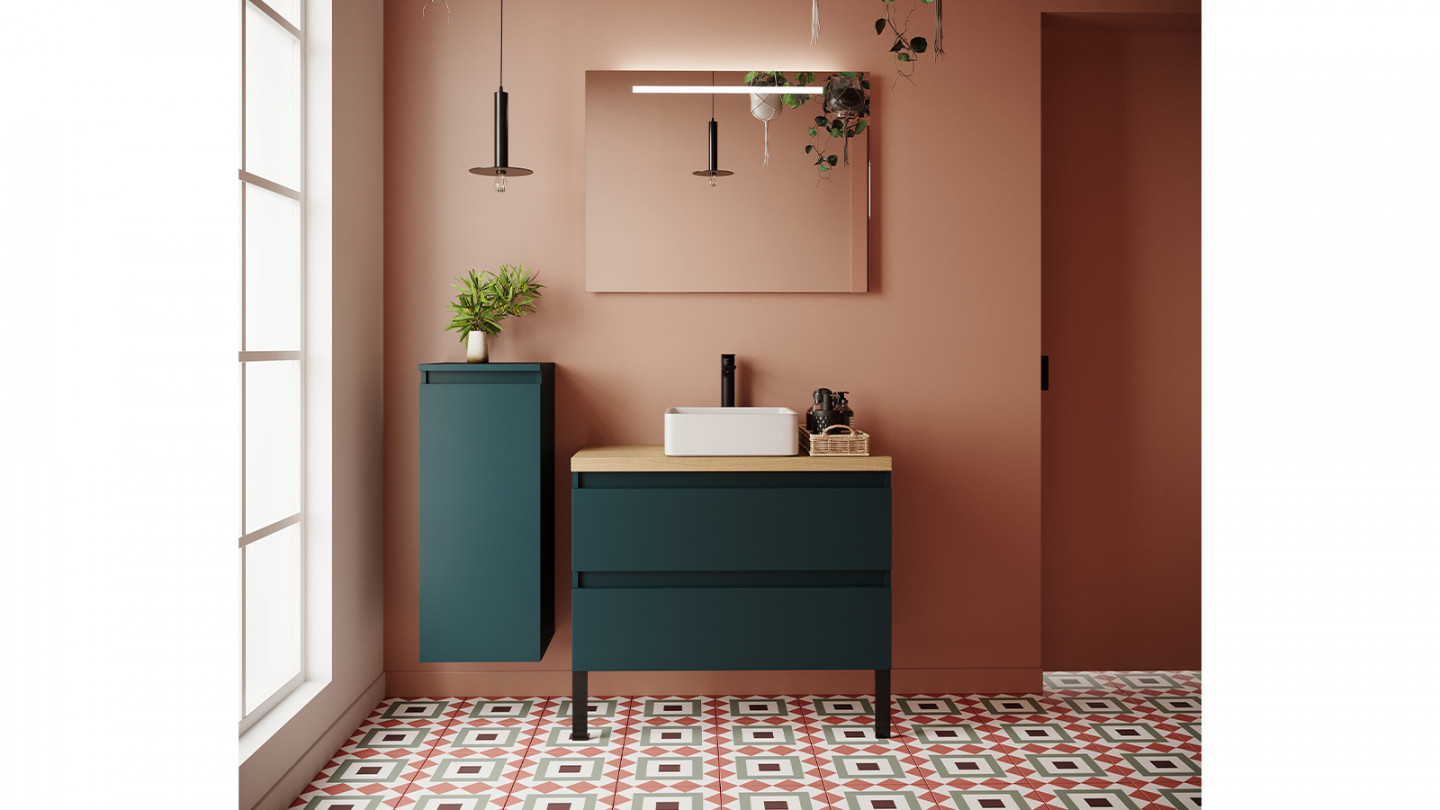 Meuble de salle de bain suspendu vasque à poser 90cm 2 tiroirs Bleu + miroir + colonne ouverture gauche - Rivage