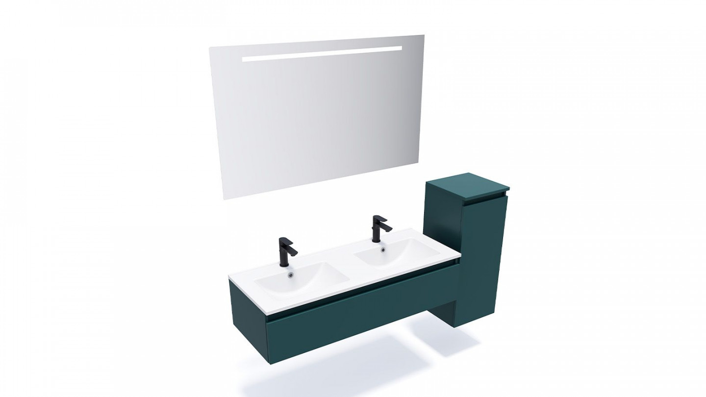 Meuble de salle de bain suspendu double vasque intégrée 120cm 1 tiroir Bleu + miroir + colonne ouverture droite - Rivage