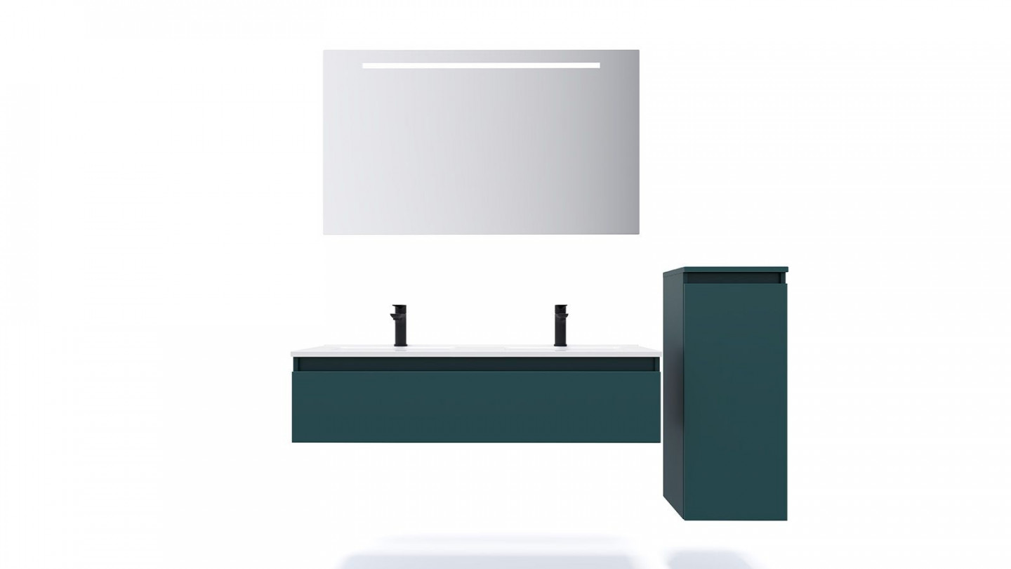 Meuble de salle de bain suspendu double vasque intégrée 120cm 1 tiroir Bleu + miroir + colonne ouverture droite - Rivage