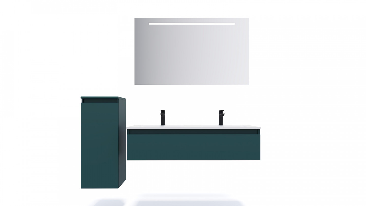 Meuble de salle de bain suspendu double vasque intégrée 120cm 1 tiroir Bleu + miroir + colonne ouverture gauche - Rivage