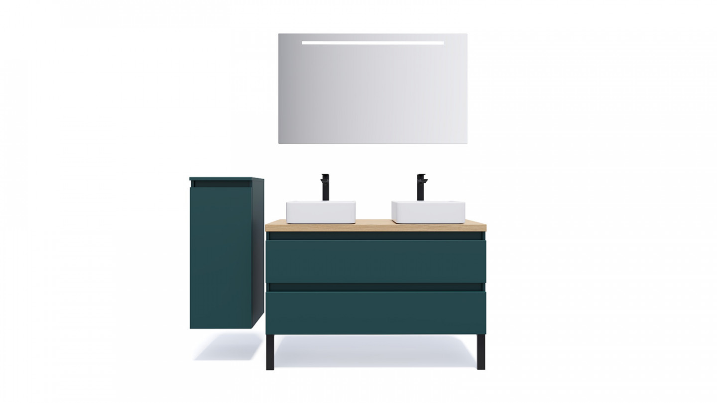 Meuble de salle de bain suspendu 2 vasques à poser 120cm 2 tiroirs Bleu + miroir - Rivage