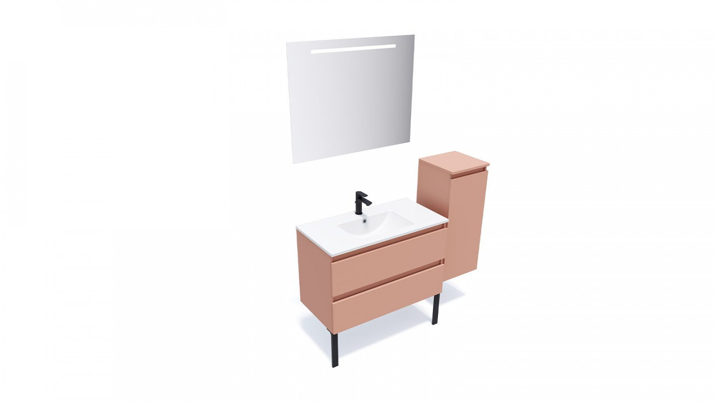 Meuble de salle de bain suspendu vasque intégrée 90cm 2 tiroirs Abricot + miroir + colonne ouverture droite - Rivage