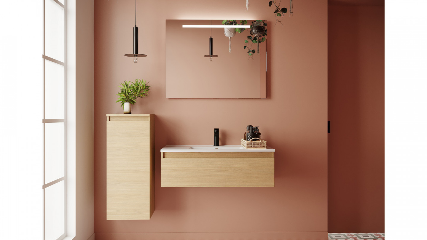 Meuble de salle de bain suspendu vasque intégrée 90cm 1 tiroir Chêne clair + miroir - Rivage