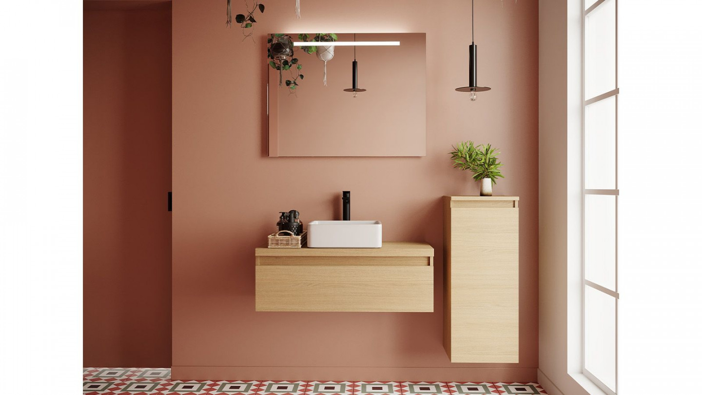 Meuble de salle de bain suspendu vasque à poser 90cm 1 tiroir Chêne clair + miroir + colonne ouverture droite - Rivage