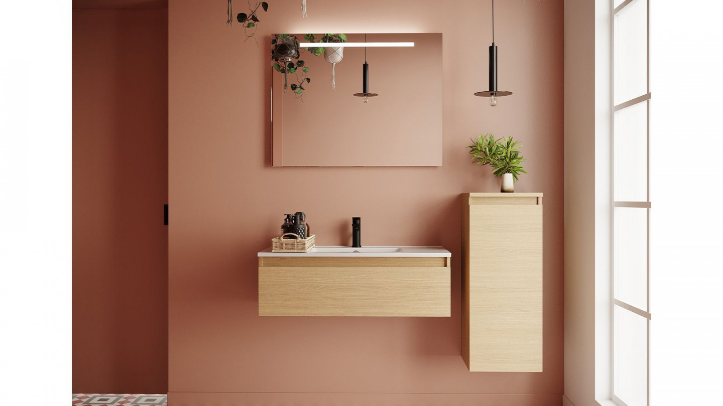 Meuble de salle de bain suspendu vasque intégrée 90cm 1 tiroir Chêne clair + miroir + colonne ouverture droite - Rivage