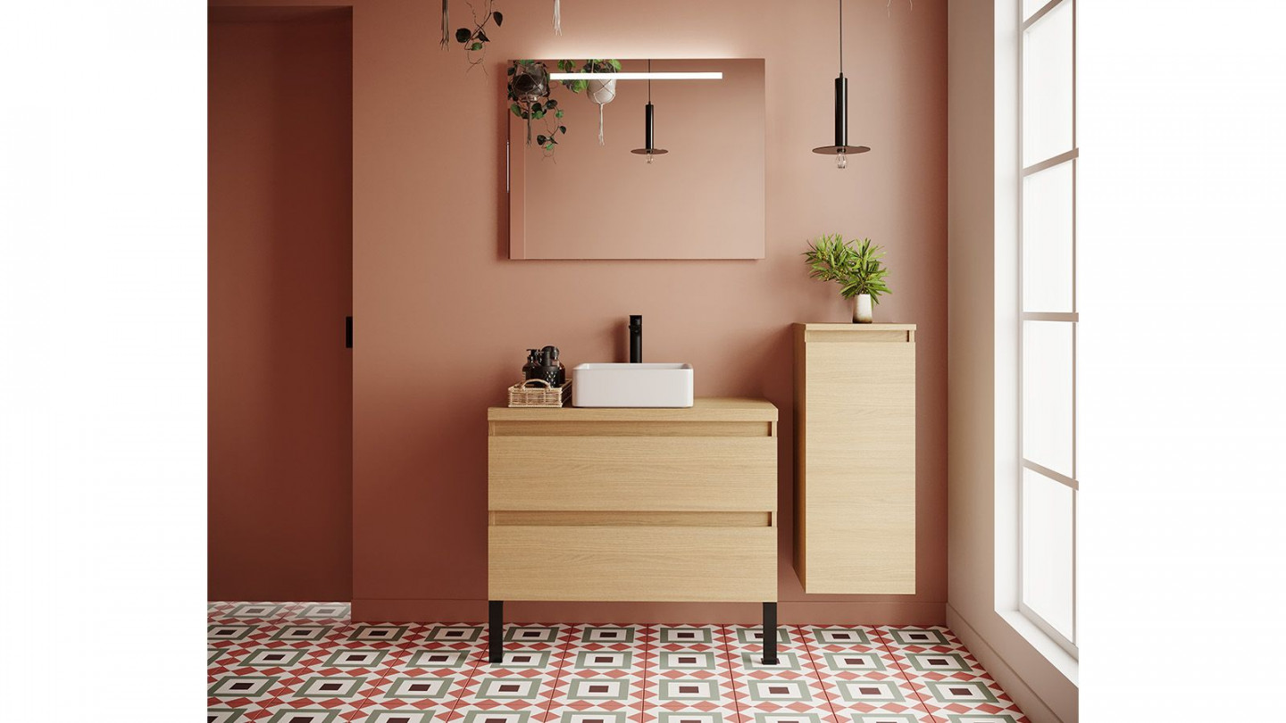 Meuble de salle de bain suspendu vasque à poser 90cm 2 tiroirs Chêne clair + miroir + colonne ouverture droite - Rivage