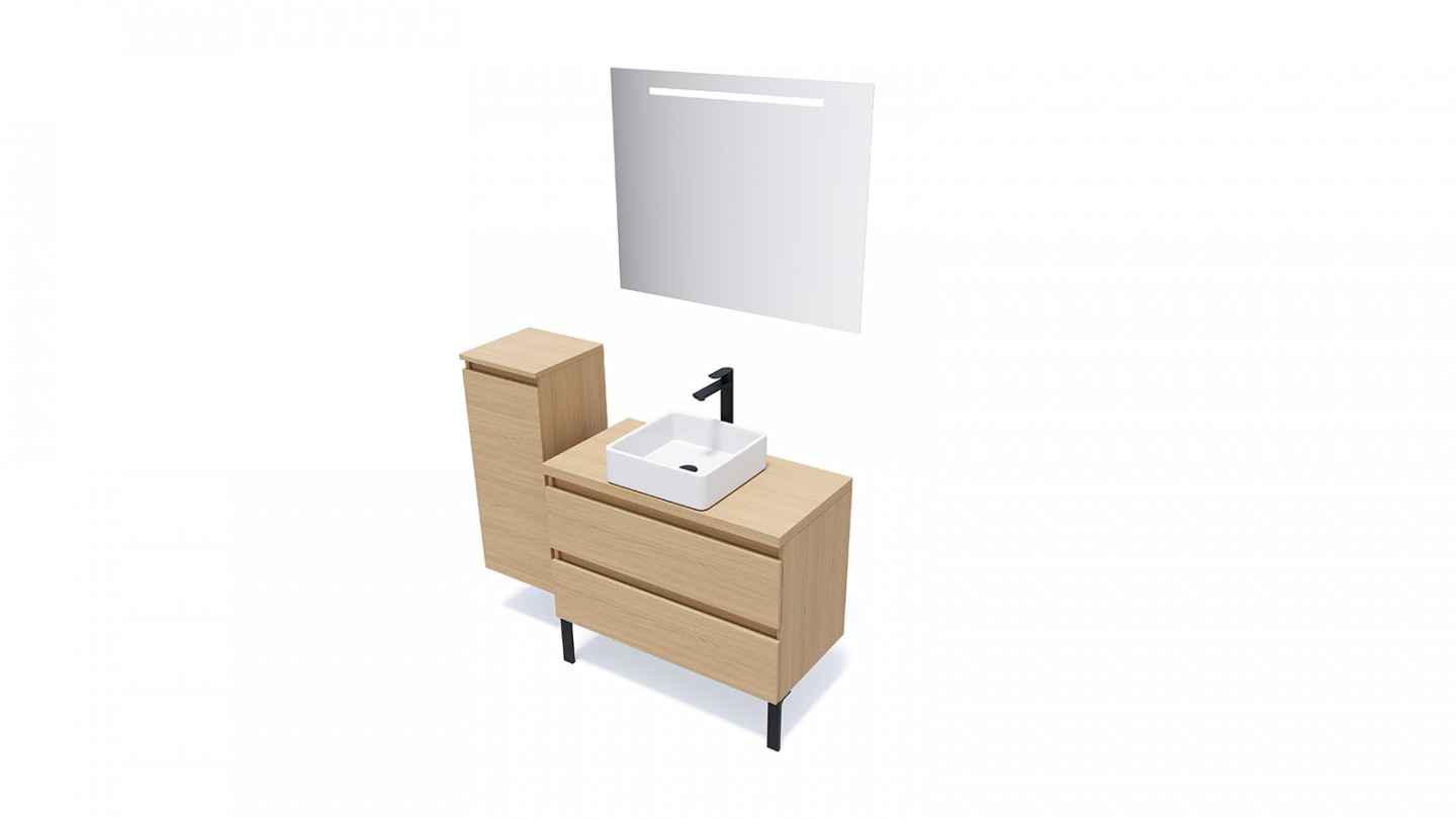 Meuble de salle de bain suspendu vasque à poser 90cm 2 tiroirs Chêne clair + miroir + colonne ouverture gauche - Rivage