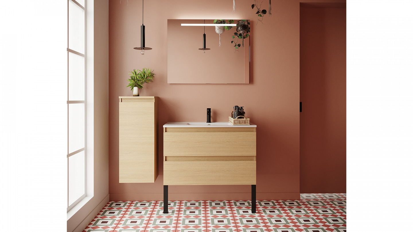 Meuble de salle de bain suspendu vasque intégrée 90cm 2 tiroirs Chêne clair + miroir + colonne ouverture gauche - Rivage