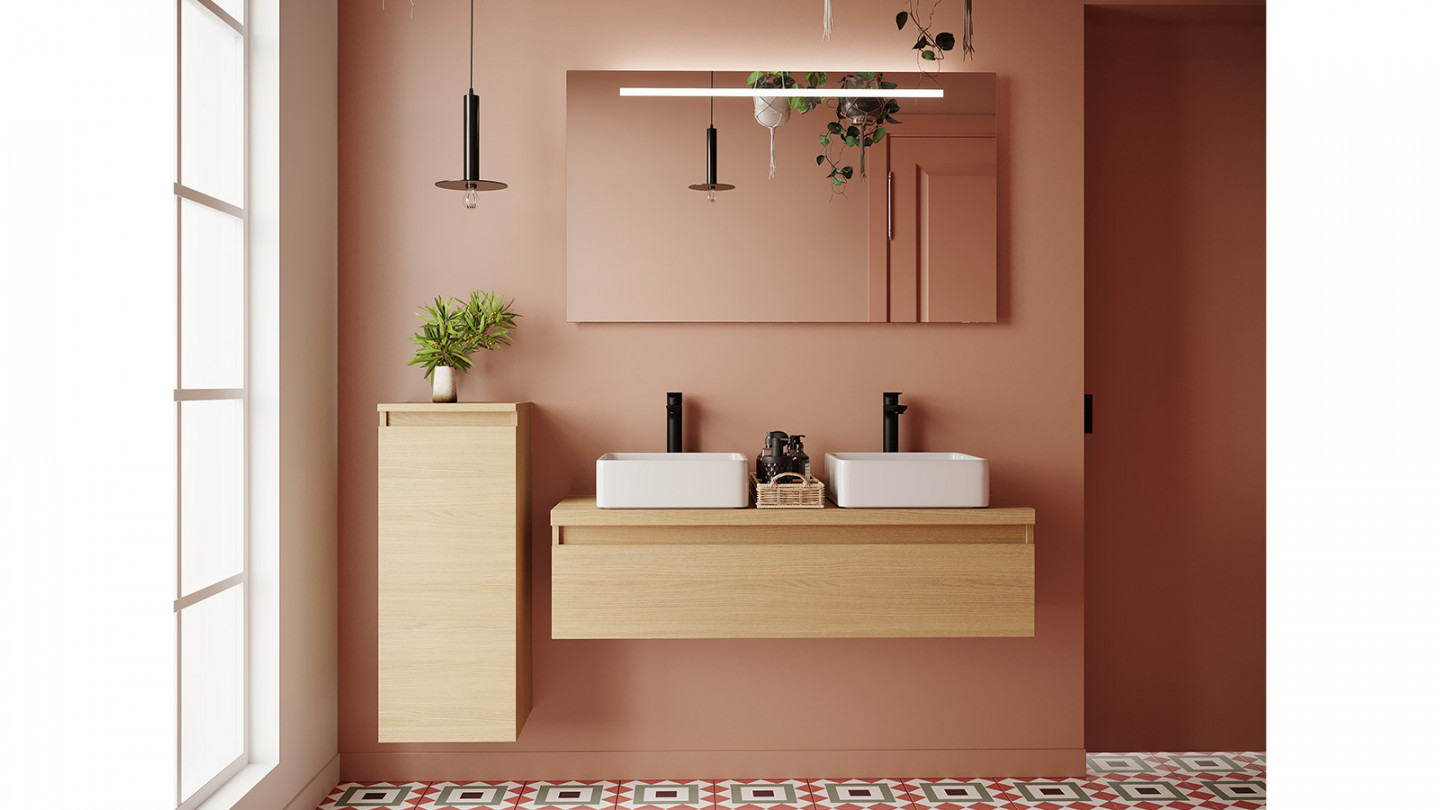 Meuble de salle de bain suspendu 2 vasques à poser 120cm 1 tiroir Chêne clair + miroir - Rivage