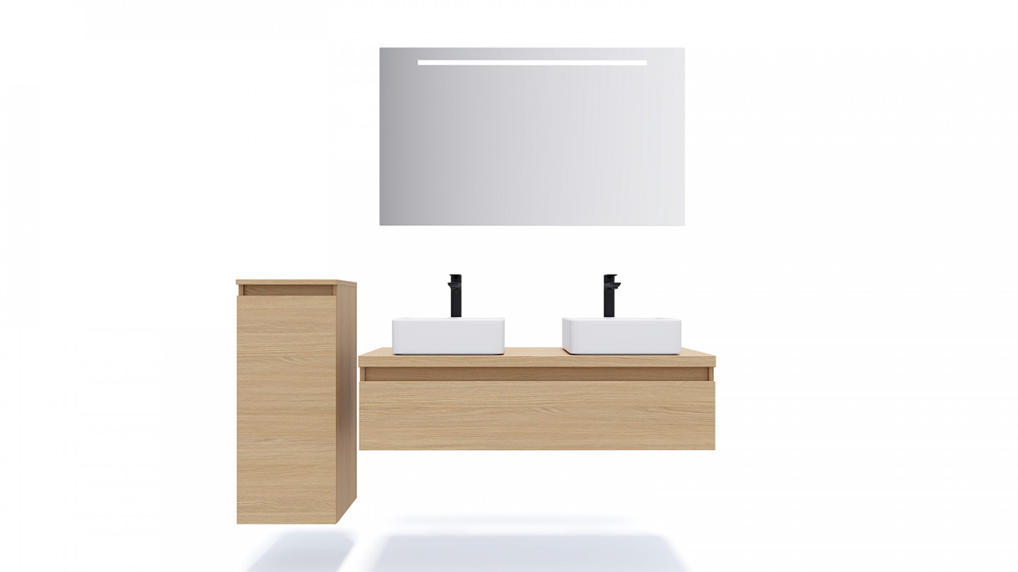 Meuble de salle de bain suspendu 2 vasques à poser 120cm 1 tiroir Chêne clair + miroir - Rivage