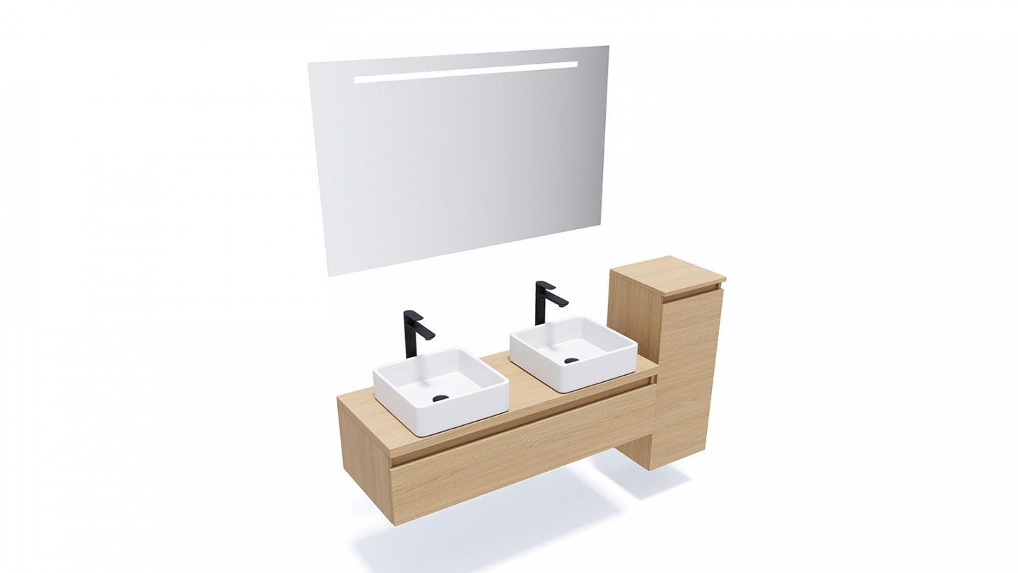 Meuble de salle de bain suspendu 2 vasques à poser 120cm 1 tiroir Chêne clair + miroir + colonne ouverture droite - Rivage