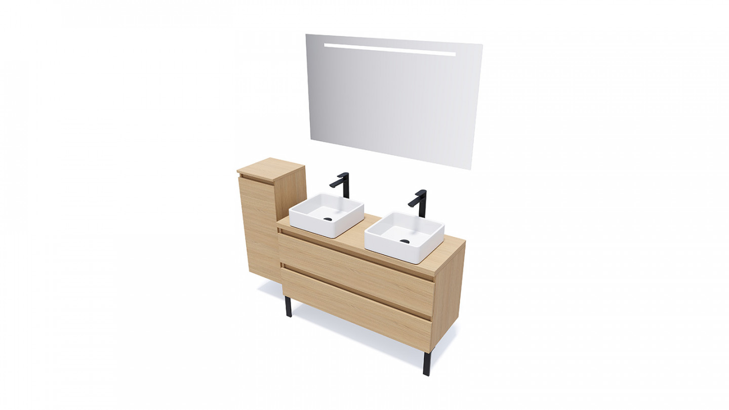 Meuble de salle de bain suspendu 2 vasques à poser 120cm 2 tiroirs Chêne clair - Rivage