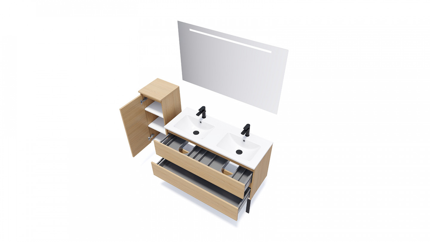 Meuble de salle de bain suspendu double vasque intégrée 120cm 2 tiroirs Chêne clair - Rivage